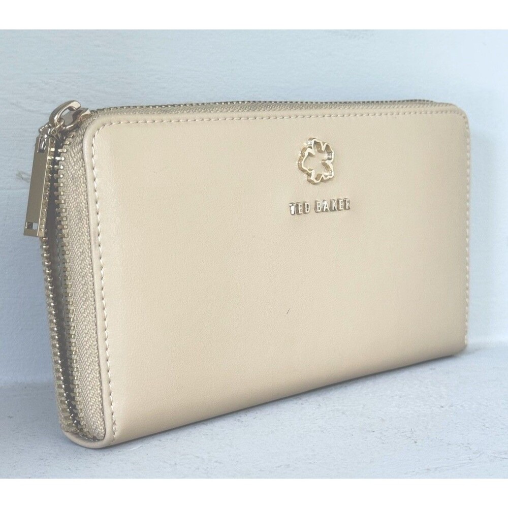 TED BAKER JORJANA LEATHER FLOWER EYELET ZIP AROUND BEIGE